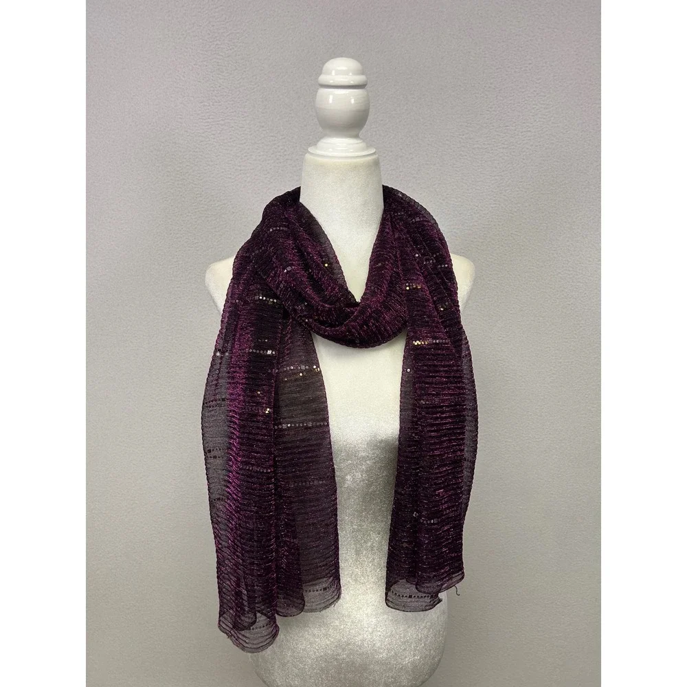 Glam Sparkle Unbranded Womens OS Purple Metallic Sequin Pleated Mesh Long Scarf